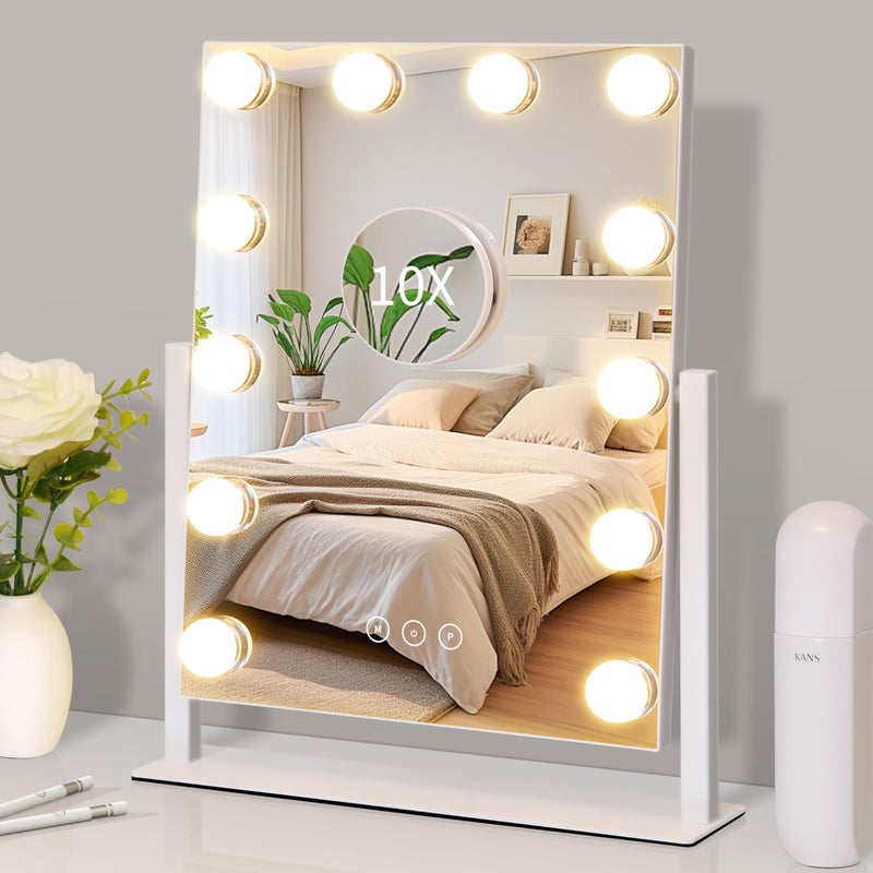 Kotdning Vanity Mirror with Lights,Lighted Vanity Mirror with 12 Dimmable Bulbs for Dressing Room & Bedroom,3 Color Lighting,Modes Detachable 10x Magnification 360Â°Ratation (White) 14.6" L x 17" W - Image 1