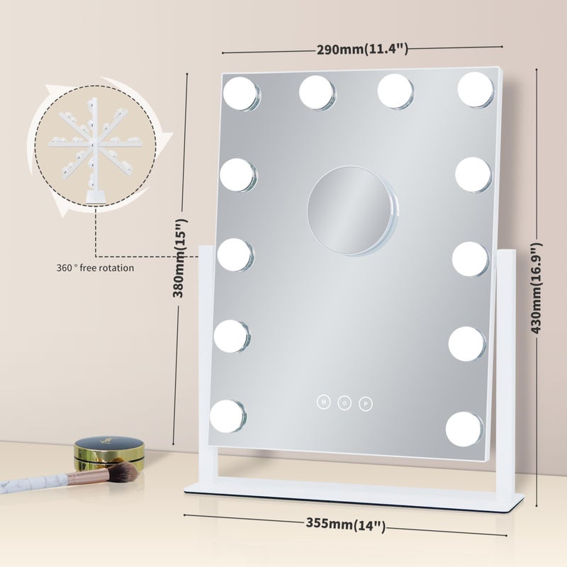 Kotdning Vanity Mirror with Lights,Lighted Vanity Mirror with 12 Dimmable Bulbs for Dressing Room & Bedroom,3 Color Lighting,Modes Detachable 10x Magnification 360Â°Ratation (White) 14.6" L x 17" W - Image 5