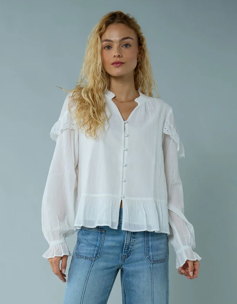 AE Long-Sleeve Ruffle Peasant Blouse
