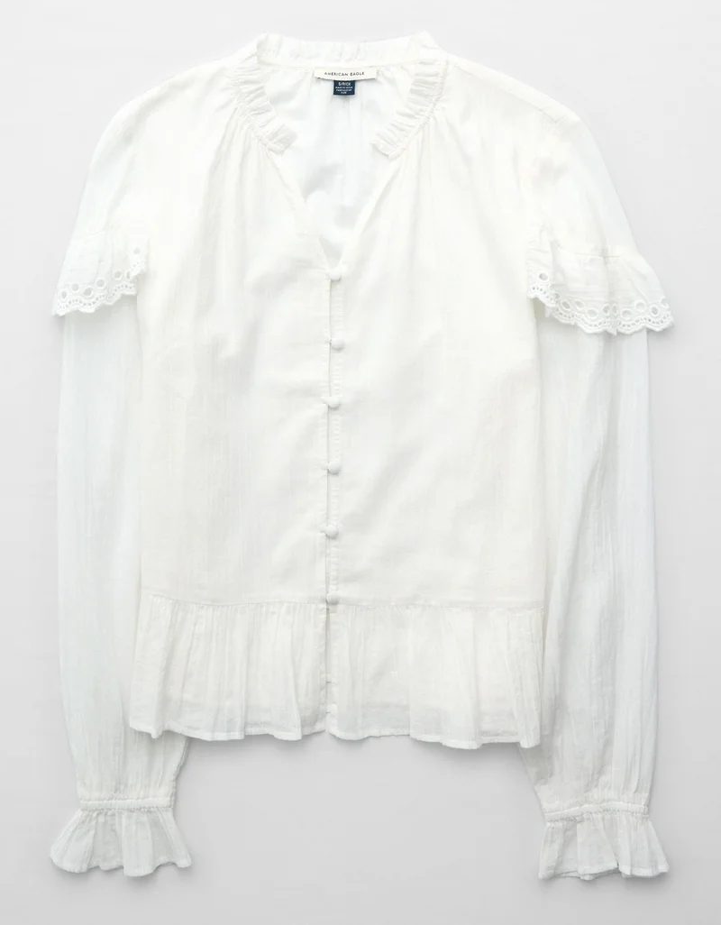 American Eagle  AE Long-Sleeve Ruffle Peasant Blouse for Women | Best Price UAE