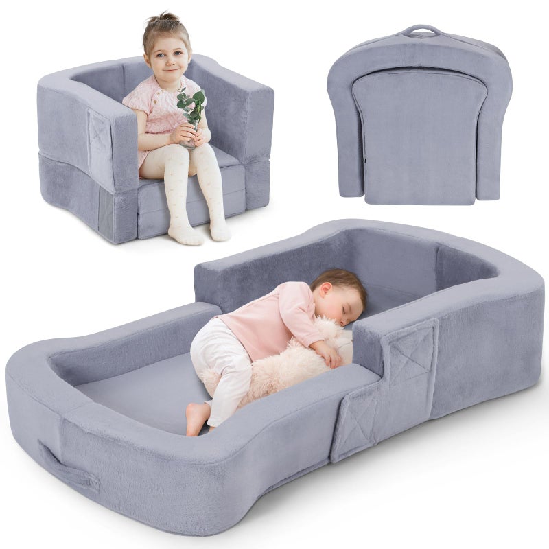 whiffee Toddler Travel Bed, 2-in-1 Foldable Portable Toddler Bed Sofa Chair, Soft Baby Kids Travel Floor Cot with Washable Covers Safety Foam Raised Bumper for Camping Hotel Sleeping (Grey) - Image 1