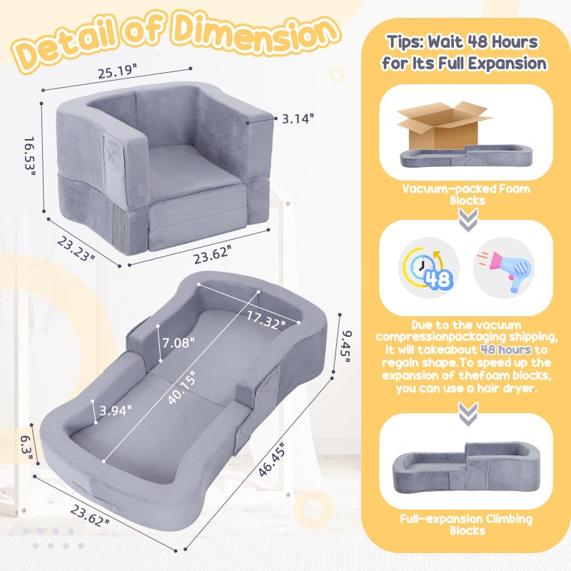 whiffee Toddler Travel Bed, 2-in-1 Foldable Portable Toddler Bed Sofa Chair, Soft Baby Kids Travel Floor Cot with Washable Covers Safety Foam Raised Bumper for Camping Hotel Sleeping (Grey) - Image 2