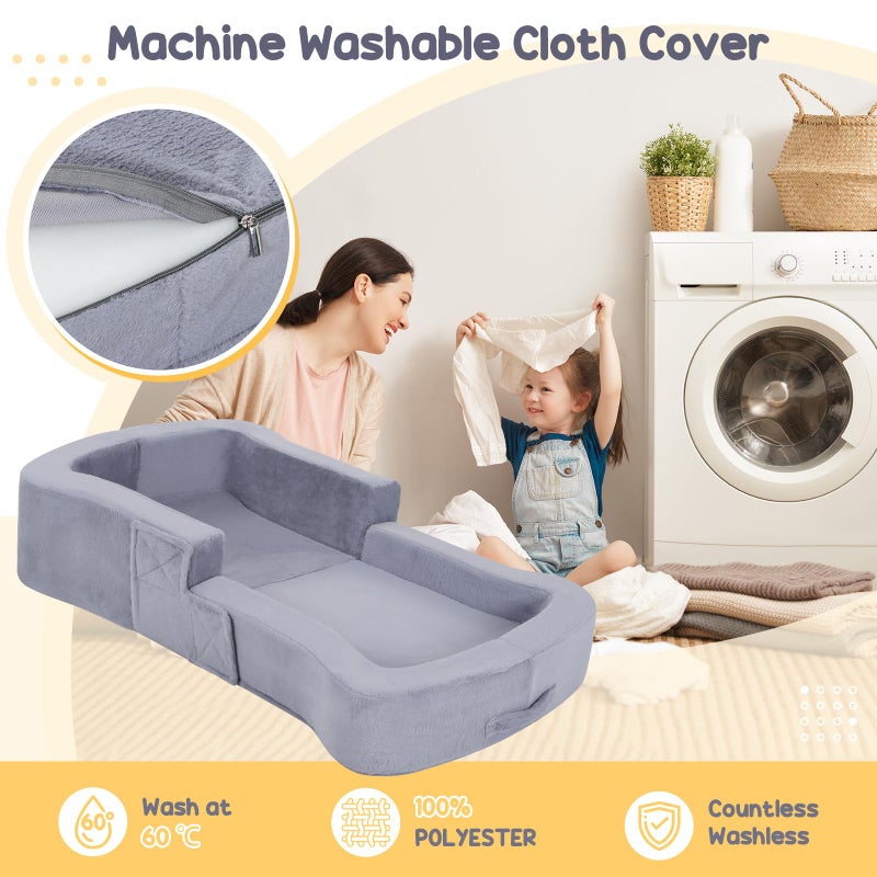 whiffee Toddler Travel Bed, 2-in-1 Foldable Portable Toddler Bed Sofa Chair, Soft Baby Kids Travel Floor Cot with Washable Covers Safety Foam Raised Bumper for Camping Hotel Sleeping (Grey) - Image 5