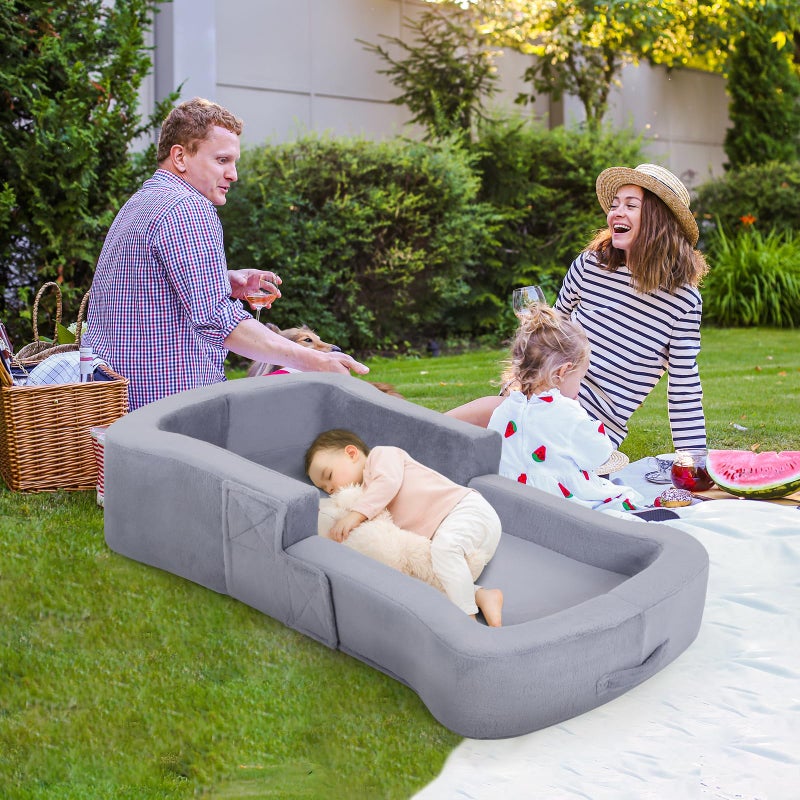 whiffee Toddler Travel Bed, 2-in-1 Foldable Portable Toddler Bed Sofa Chair, Soft Baby Kids Travel Floor Cot with Washable Covers Safety Foam Raised Bumper for Camping Hotel Sleeping (Grey) - Image 3
