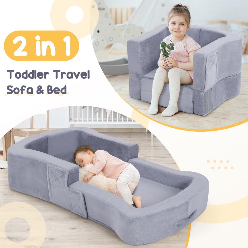 whiffee Toddler Travel Bed, 2-in-1 Foldable Portable Toddler Bed Sofa Chair, Soft Baby Kids Travel Floor Cot with Washable Covers Safety Foam Raised Bumper for Camping Hotel Sleeping (Grey) - Image 4