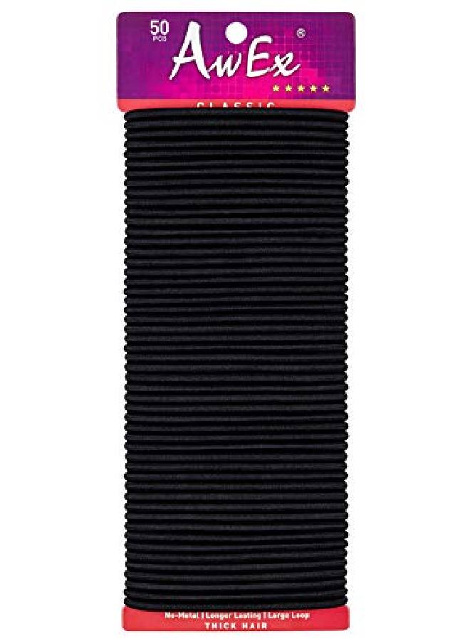 AwEx Large Black Hair Ties For Thick Hair50 Pcs4 Mm(0.16 Inch) Thick170 Mm(6.7 Inches) Long No Metal Hair Elastics Hair Band Ponytail Holder Great For Curlywavy Hair - Image 1