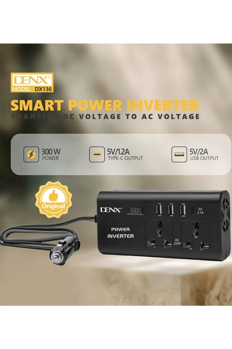 Denx Car Power Inverter, 12V to 220V, High Frequency Modified Sine Wave, 300W, Multi-Port, USB Port + Type-C Port, Plus Includes Battery Adapter  - Image 3