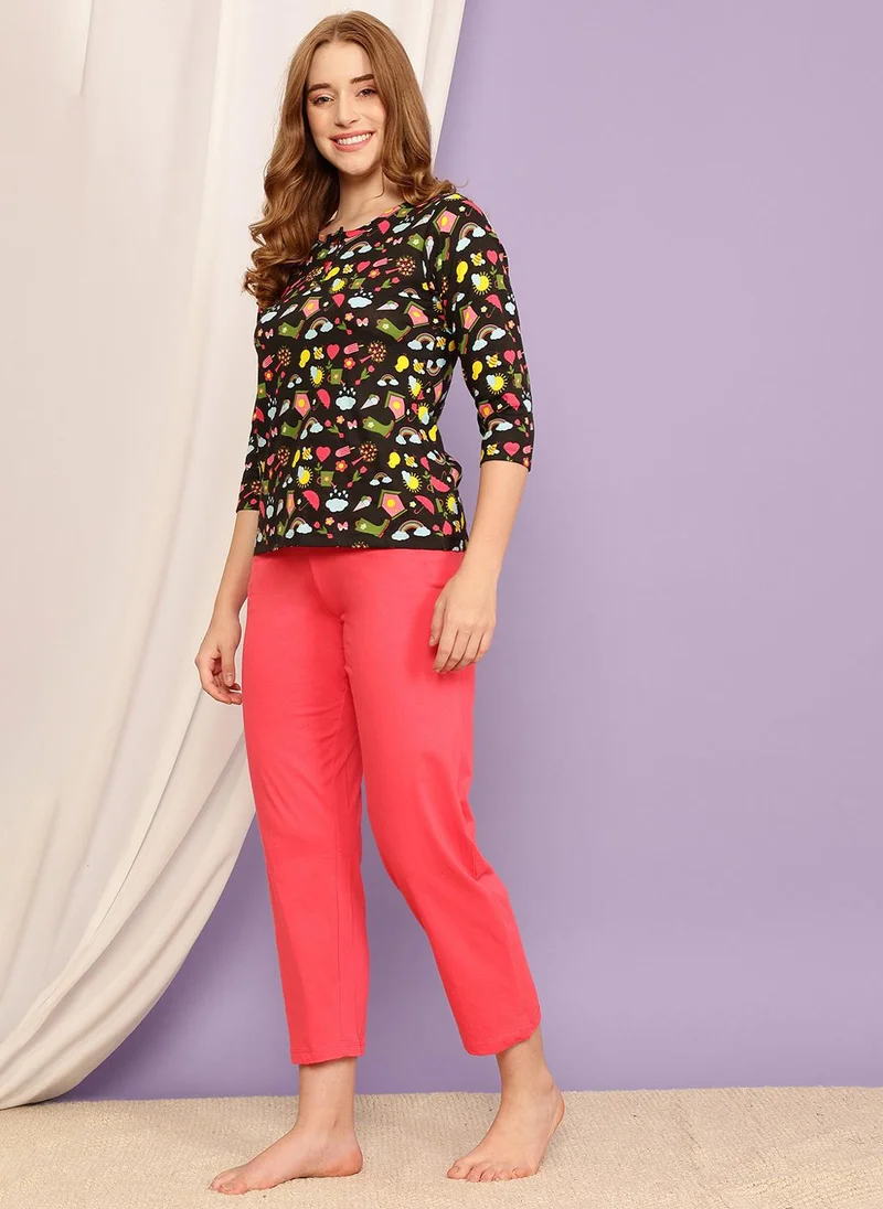 Clovia Clovia Print Me Pretty Top & Solid Pyjama Set in Black - 100% Cotton