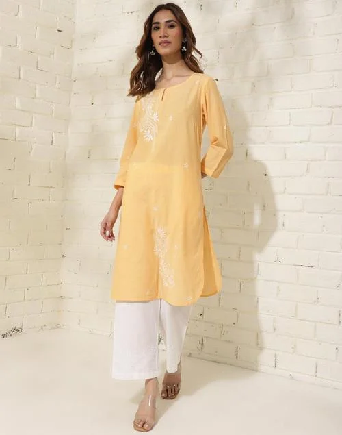 Fabindia Yellow Cotton Chikankari Knee Length Kurta