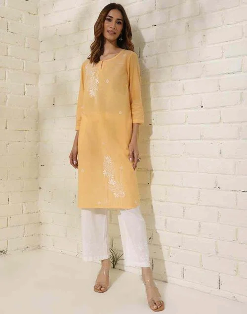 Fabindia Yellow Cotton Chikankari Knee Length Kurta