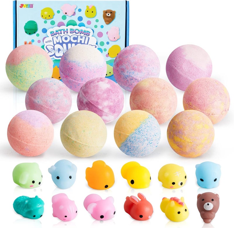 JOYIN JOYIN Big Bath Bombs for Kids with Mochi Squishy Toy 12 Pack Bubble Bath Bombs with Surprise Toy Inside Natural Essential Oil SPA Bath Fizzies Set Party Favors for Boys Girls Birthday Gifts