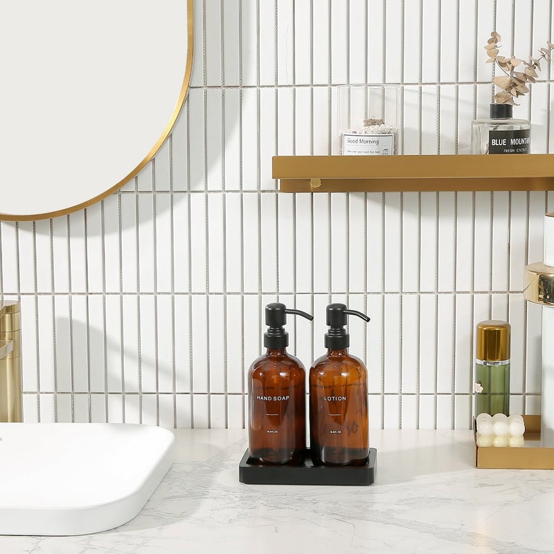 Prus Waso Amber Glass Soap Dispenser Set, Hand Soap and Lotion Set with Black Stainless Steel Pump, Perfect for Modern Bathroom Decor. (Amber) - Image 2