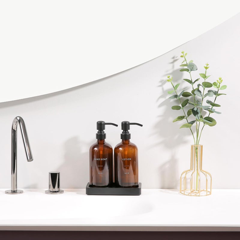 Prus Waso Amber Glass Soap Dispenser Set, Hand Soap and Lotion Set with Black Stainless Steel Pump, Perfect for Modern Bathroom Decor. (Amber) - Image 3