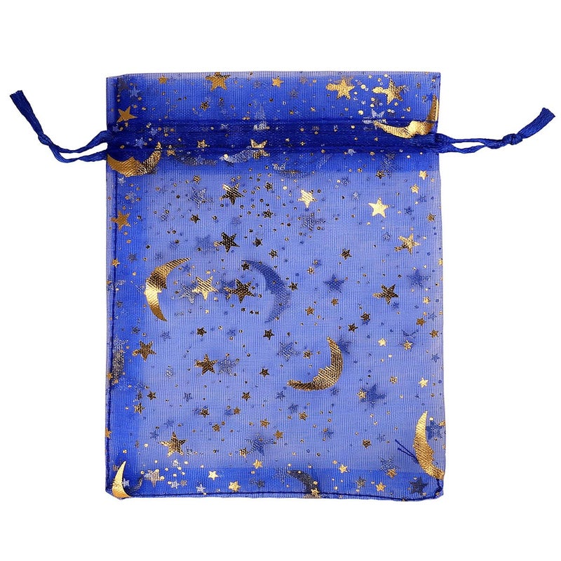 SUNGULF 100Pcs 4x5 Inches Sheer Organza Drawstring Pouches Stars And Moon Wedding Party Favor Jewelry Candy Gift Bags Blue