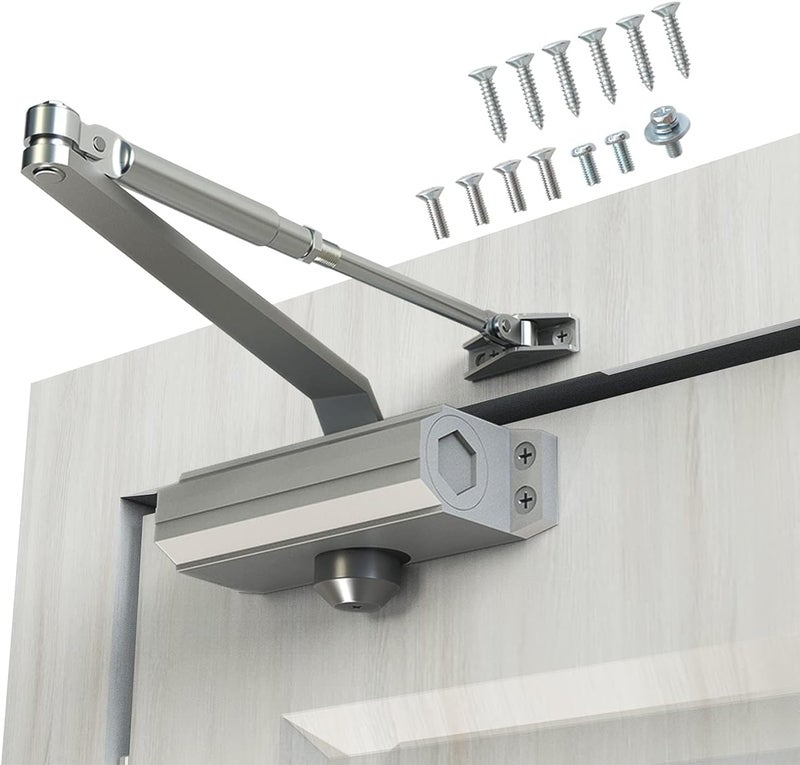GEKRONE Automatic Door Closer Heavy Duty Fire Prevention Spring Hydraulic Aluminum Alloy Surface Mounted Residential Commerical Grade Door Closer Adjustable Speed Door Weights 99-187 Lbs Size2-Silver - Image 1