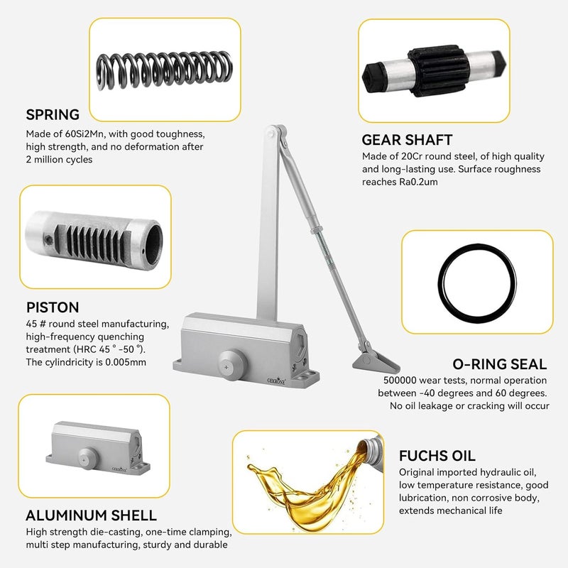 GEKRONE Automatic Door Closer Heavy Duty Fire Prevention Spring Hydraulic Aluminum Alloy Surface Mounted Residential Commerical Grade Door Closer Adjustable Speed Door Weights 99-187 Lbs Size2-Silver - Image 3