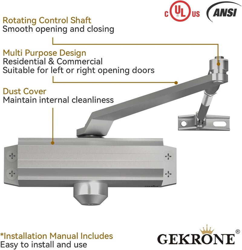 GEKRONE Automatic Door Closer Heavy Duty Fire Prevention Spring Hydraulic Aluminum Alloy Surface Mounted Residential Commerical Grade Door Closer Adjustable Speed Door Weights 99-187 Lbs Size2-Silver - Image 5
