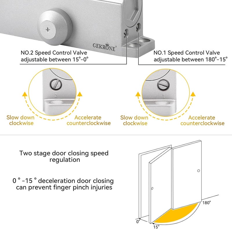 GEKRONE Automatic Door Closer Heavy Duty Fire Prevention Spring Hydraulic Aluminum Alloy Surface Mounted Residential Commerical Grade Door Closer Adjustable Speed Door Weights 99-187 Lbs Size2-Silver - Image 4