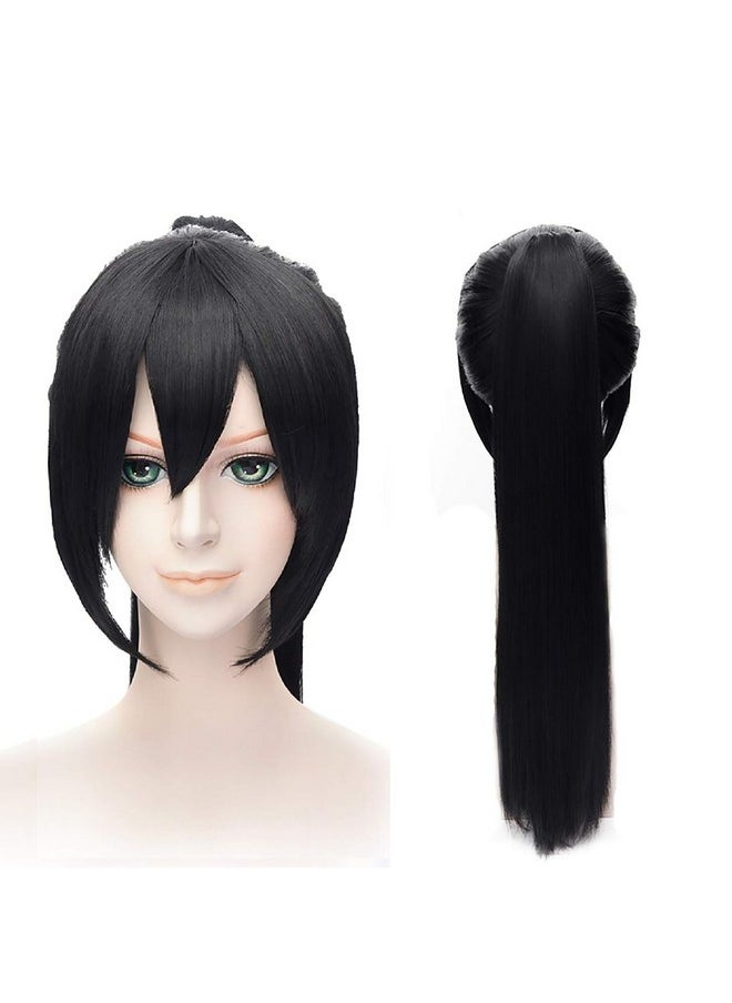 Probeauty Probeauty Girl Stylish Ponytail Black Straight Cosplay Wig Long Black Wig with Bangs for Women Synthetic Wig Anime Cosplay Wig for Halloween Costume Party+Wig Cap  - Image 2