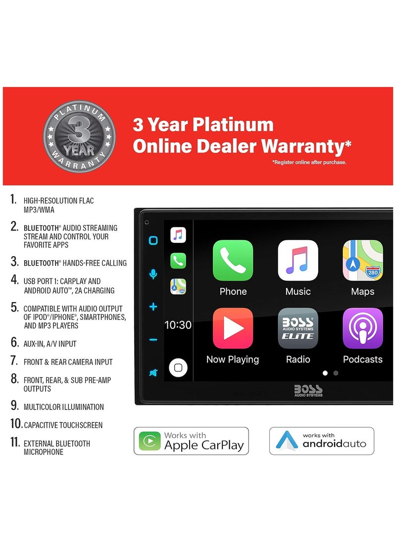 BOSS AUDIO SYSTEMS - BOSS Audio Systems Elite Series BE950WCPA Wireless Apple CarPlay, Android Auto Car Multimedia Player - Double Din Radio, 6.75 Inch Capacitive Touchscreen, Bluetooth - Image 1