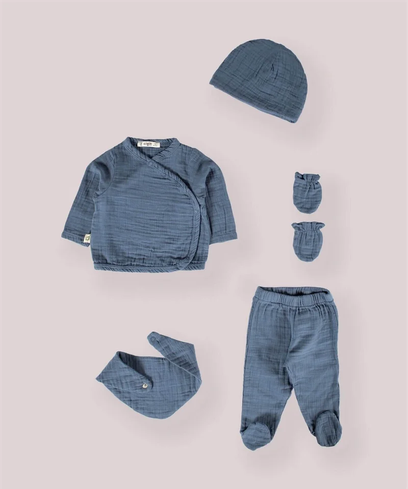 Cigit Organic Hospital Released Baby Set 0-3 Months Indigo Blue