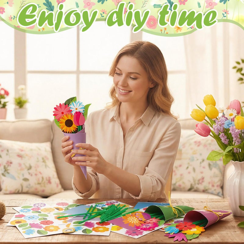 Motipuns 48 Sets Valentine's Day Crafts Kit DIY Flower Paper Crafts Colorful Bouquets Make Your Own Valentine Flower Gifts for Spring Valentine's Handmade Project Mother's Day Home Activities - Image 5