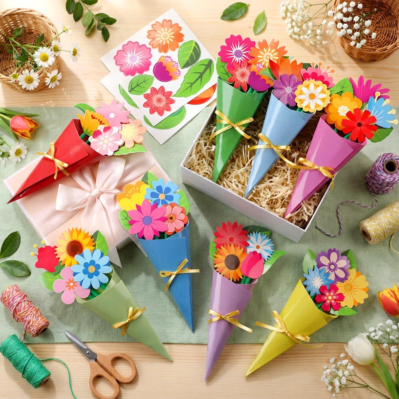 Motipuns 48 Sets Valentine's Day Crafts Kit DIY Flower Paper Crafts Colorful Bouquets Make Your Own Valentine Flower Gifts for Spring Valentine's Handmade Project Mother's Day Home Activities - Image 2