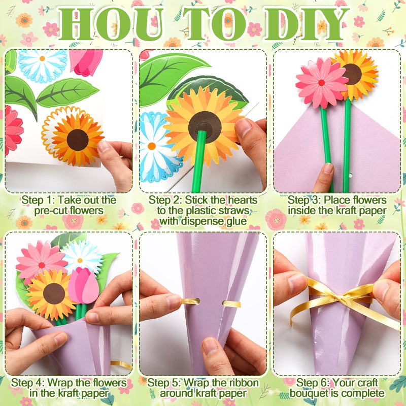 Motipuns 48 Sets Valentine's Day Crafts Kit DIY Flower Paper Crafts Colorful Bouquets Make Your Own Valentine Flower Gifts for Spring Valentine's Handmade Project Mother's Day Home Activities - Image 4