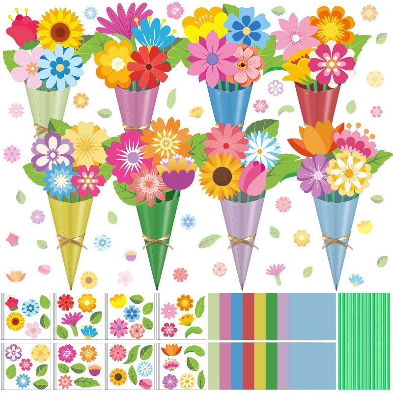 Motipuns 48 Sets Valentine's Day Crafts Kit DIY Flower Paper Crafts Colorful Bouquets Make Your Own Valentine Flower Gifts for Spring Valentine's Handmade Project Mother's Day Home Activities - Image 1