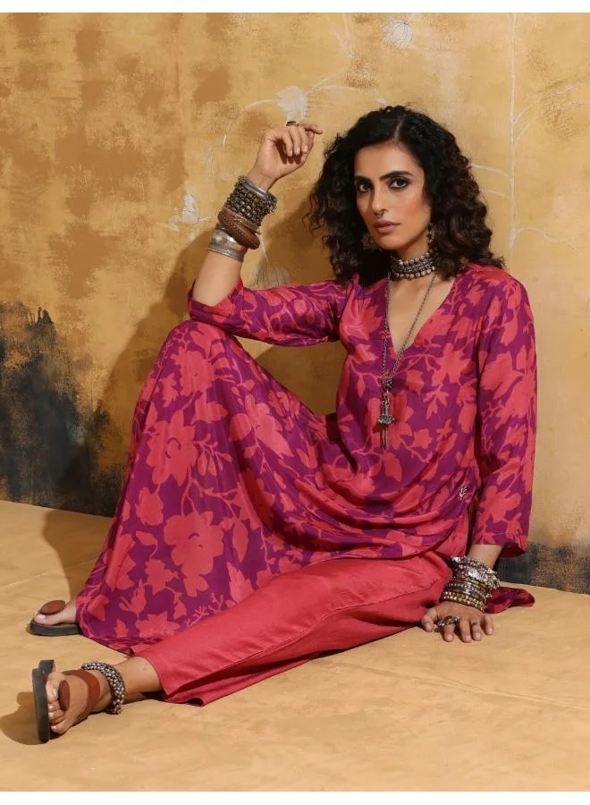 ترو برونز trueBrowns Purple Peach Jaal Print Muslin Silk High-Slit Kurta Set