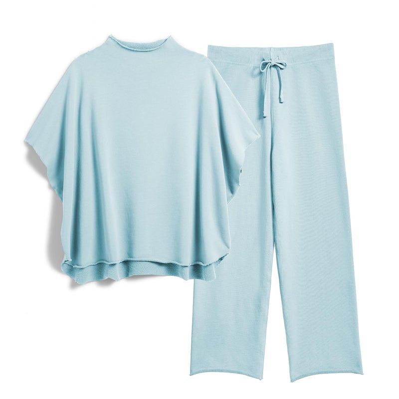 SeeLuNa Women's Two Piece Outfits 3/4 Batwing Sleeve Capelet Crew Neck Pullover Top Wide Leg Pants Lounge Set(Blue-Green,L) - Image 1