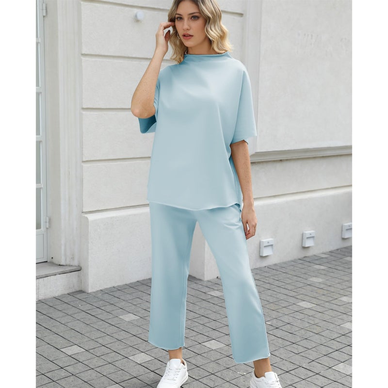 SeeLuNa Women's Two Piece Outfits 3/4 Batwing Sleeve Capelet Crew Neck Pullover Top Wide Leg Pants Lounge Set(Blue-Green,L) - Image 5