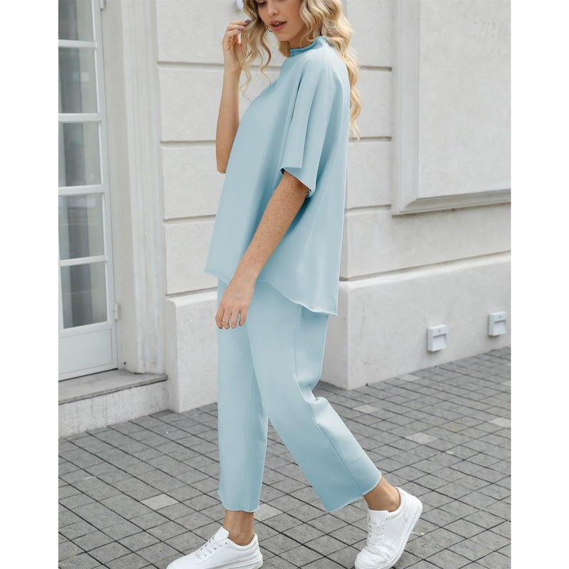 SeeLuNa Women's Two Piece Outfits 3/4 Batwing Sleeve Capelet Crew Neck Pullover Top Wide Leg Pants Lounge Set(Blue-Green,L) - Image 3
