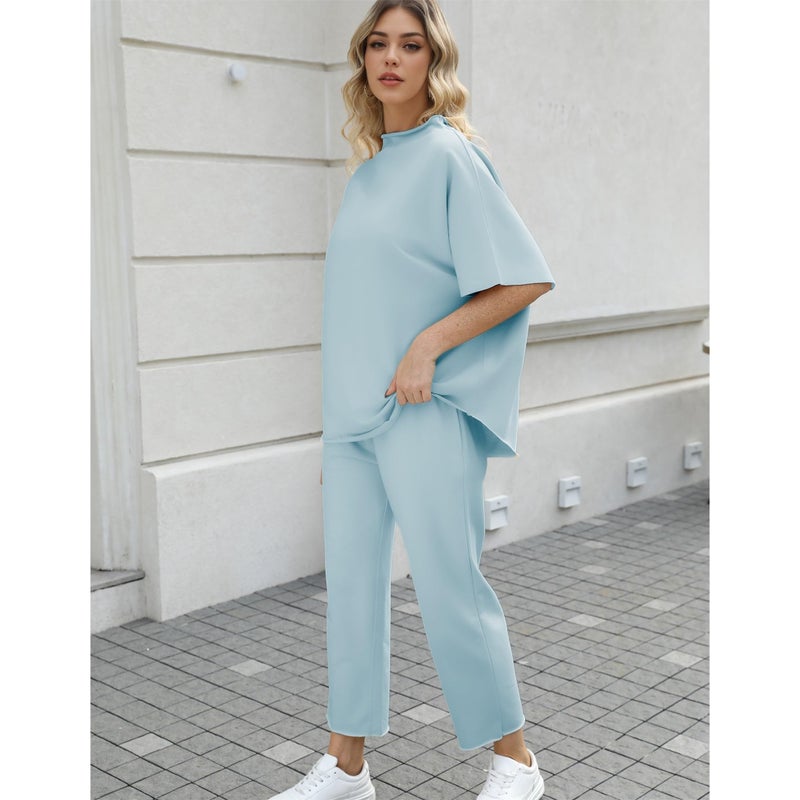 SeeLuNa Women's Two Piece Outfits 3/4 Batwing Sleeve Capelet Crew Neck Pullover Top Wide Leg Pants Lounge Set(Blue-Green,L) - Image 4