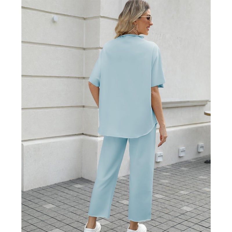 SeeLuNa Women's Two Piece Outfits 3/4 Batwing Sleeve Capelet Crew Neck Pullover Top Wide Leg Pants Lounge Set(Blue-Green,L) - Image 2