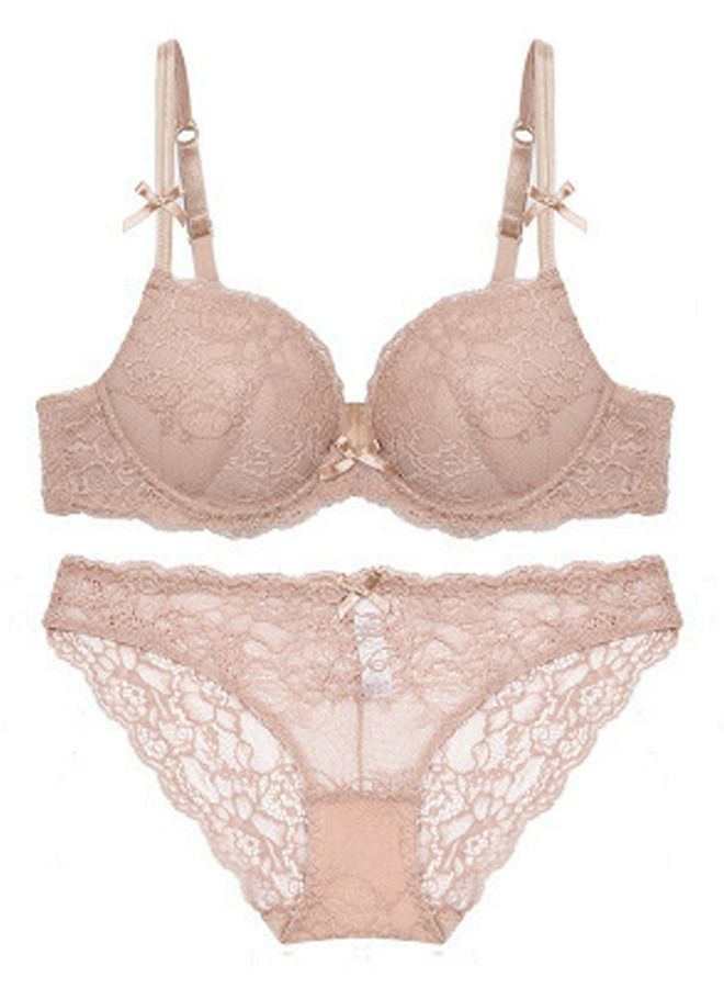 Loquat Thick Cup Lace Bra And Panty Set Beige 