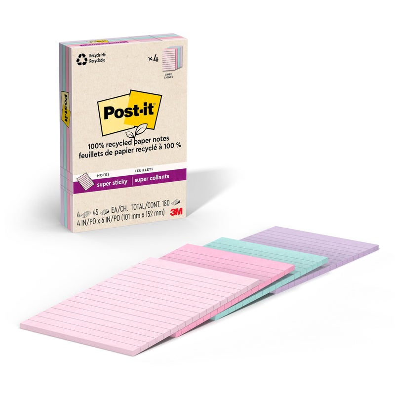 Post-it ملاحظات لاصقة 100% ورق معاد تدويره، لاصقة للغاية، مخططة، 4 بوصة × 6 بوصة، 4 دفاتر، 45 ورقة لكل دفتر، ألوان باهتة من وندرلاست، مستلزمات مدرسية ومنتجات مكتبية - Image 1