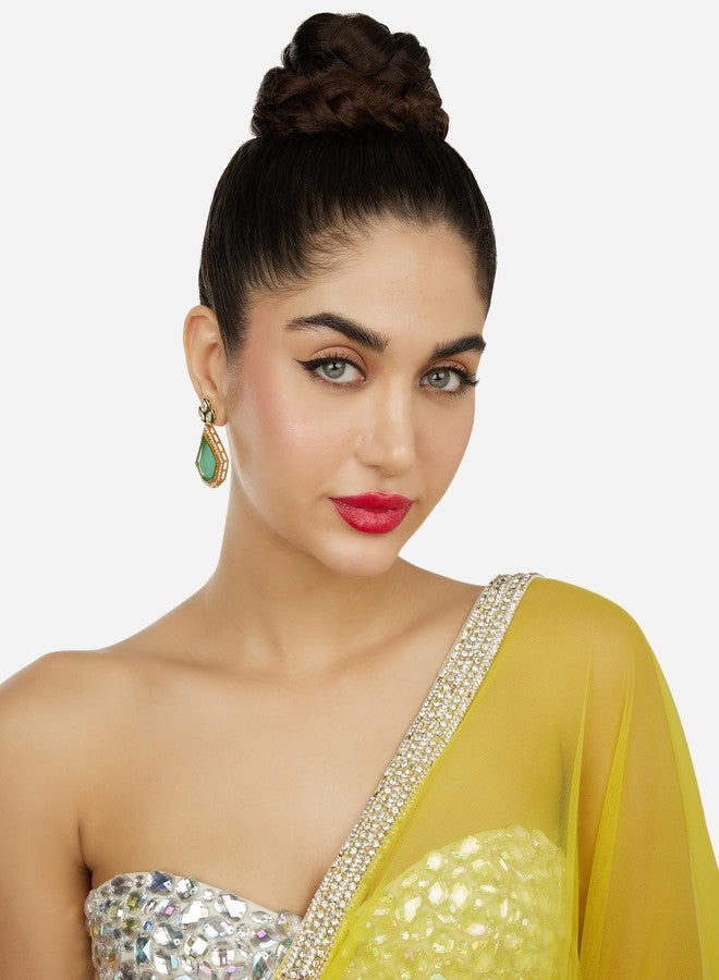 Zaveri Pearls أقراط متدلية مرصعة بالألماس النمساوي ومزينة بأحجار ميناكاري خضراء من زافيري بيرلز - ZPFK18071 - Image 4