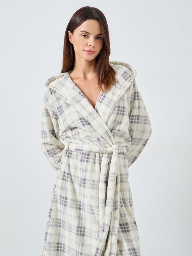 Styli Checked Fleece Hooded Robe - Image 2
