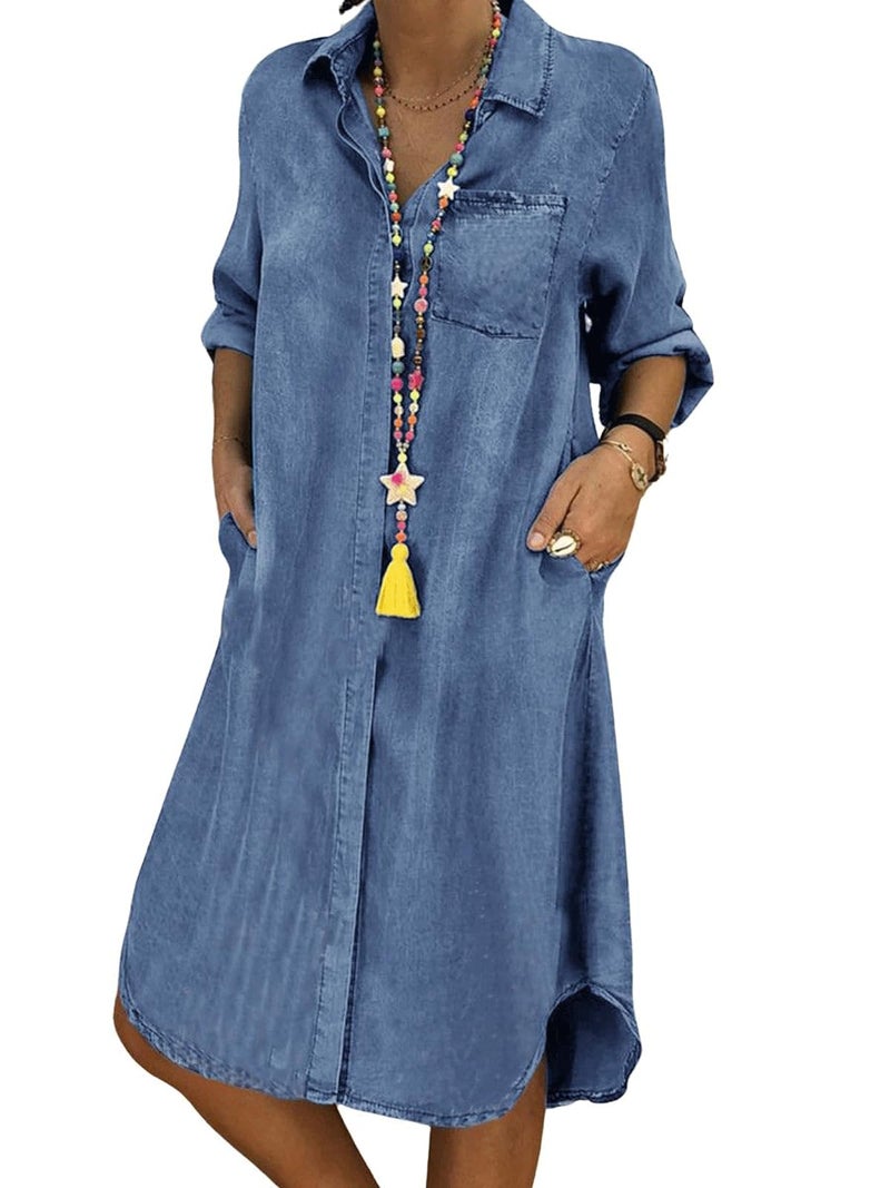 utcoco Denim Dress for Women 2025 Casual Loose Long Sleeve Classic Vintage Button Down Jean Shirt Dresses with Pockets (Medium, Light Blue) - Image 1