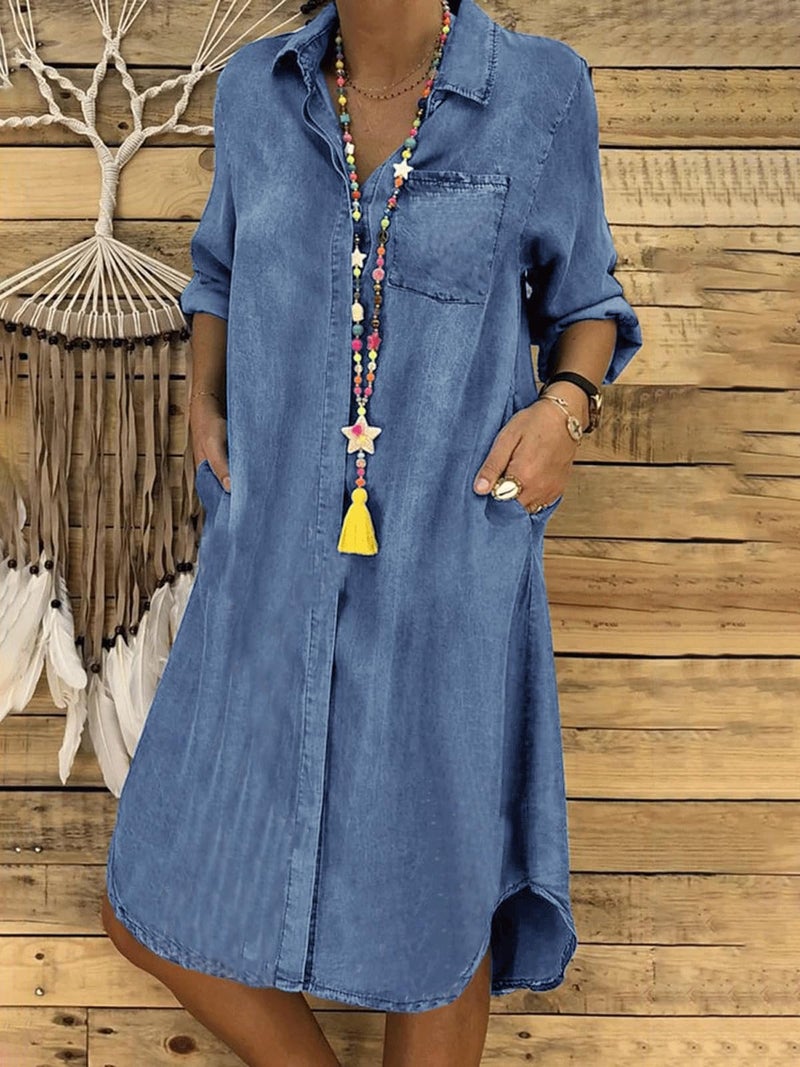 utcoco Denim Dress for Women 2025 Casual Loose Long Sleeve Classic Vintage Button Down Jean Shirt Dresses with Pockets (Medium, Light Blue) - Image 2