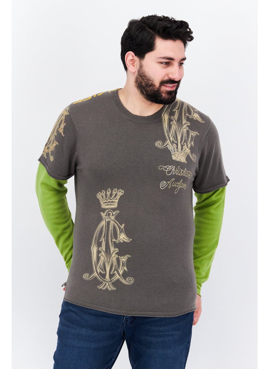 CHRISTIAN AUDIGIER Men Round Neck Embellished Long Sleeves Sweater, Grey Combo  - Image 1