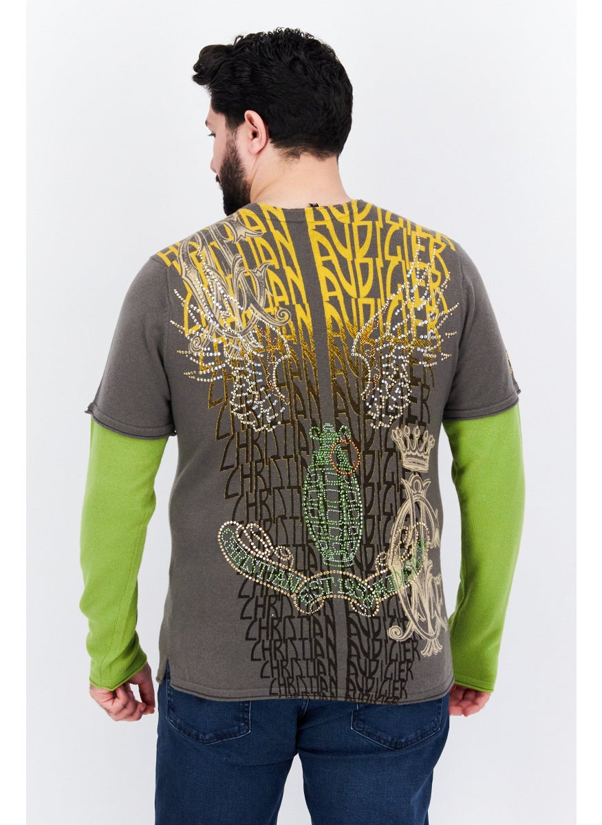 CHRISTIAN AUDIGIER Men Round Neck Embellished Long Sleeves Sweater, Grey Combo  - Image 4