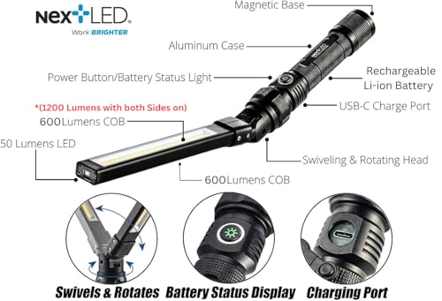 NextLED NT-7544 Double-Sided, Heavy Duty Folding LED Rechargeable Work Light, 600x2 Lumen, Slim Mechanic Light with Magnet, W/Top Light, Aluminum Body, Magnetic Flashlight for Auto Repair/Inspection - Image 3