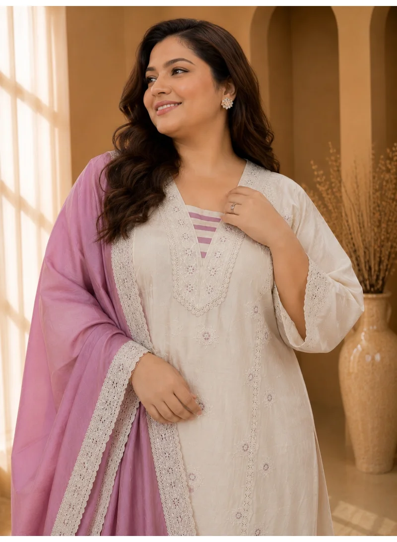 Lehar Ivory Embroidered Straight Kurta with Pants and Pink Dupatta Set
