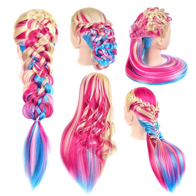 headdoll Mannequin Head with Long Synthetic Fiber Colorful Hair Styling Training Head 26-28inch Manikin Cosmetology Doll Head Hairdressing Training Model for Cutting Braiding Practice and Free Clamp Holder - Image 5