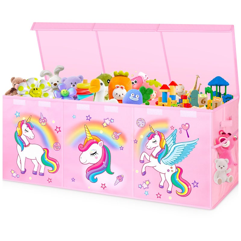 Mabahoo Extra Large Toy Chest Collapsible Sturdy Toy Storage Organizer with Lids 40X14X16 Large Kids Toybox Storage Bins Baskets for Girls Boys Nursery Playroom Pink