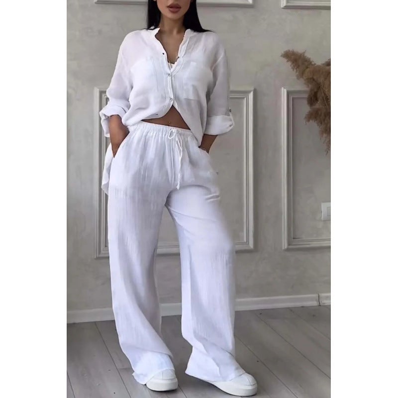 European and American 2024 New Womens Solid Color Single-breasted Long-sleeved Shirt Two-piece Wide-leg Pants Lace-up Pants for Women White