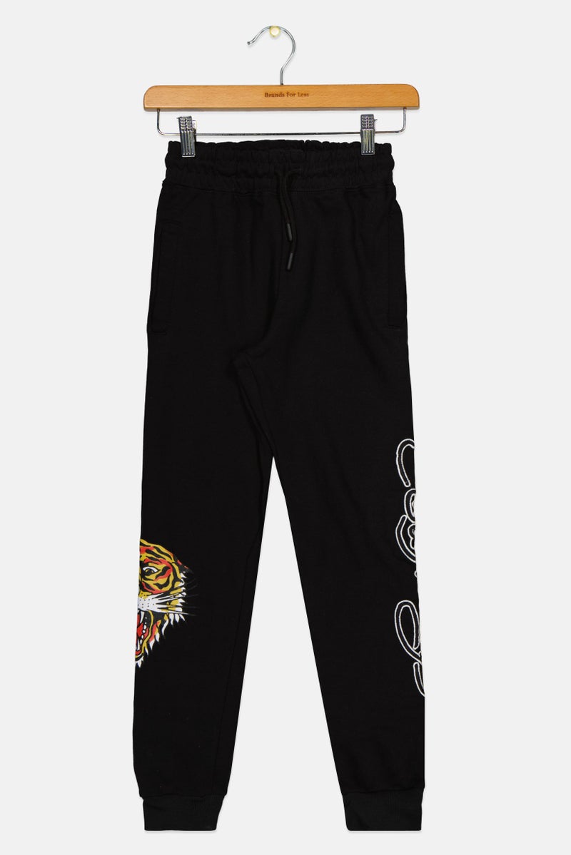 Ed Hardy سروال جوجر للأطفال الأولاد بتصميم عادي مع شعار العلامة التجارية، أسود - Image 1