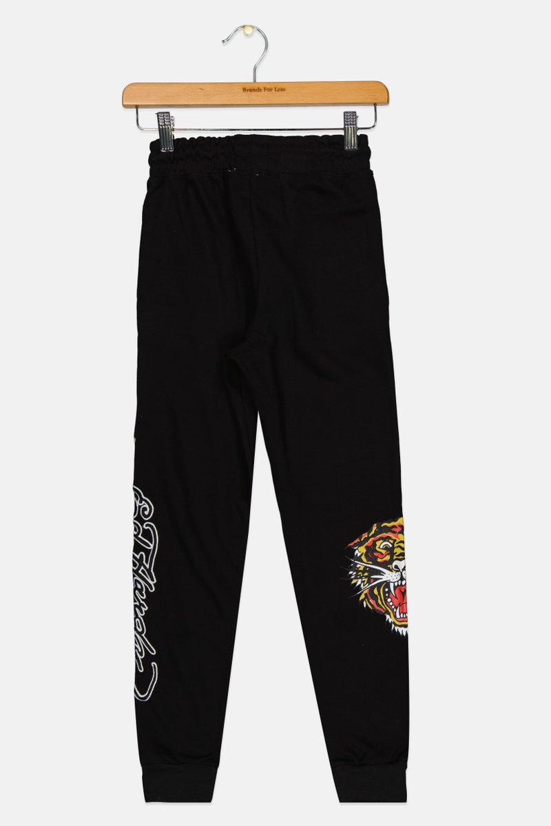 Ed Hardy سروال جوجر للأطفال الأولاد بتصميم عادي مع شعار العلامة التجارية، أسود - Image 2